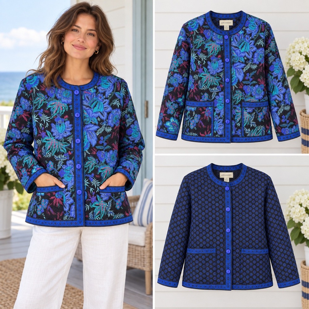 Appleseeds Reversible Quilted Jacket Blue Floral Daisy Cotton Coastal Grandma L